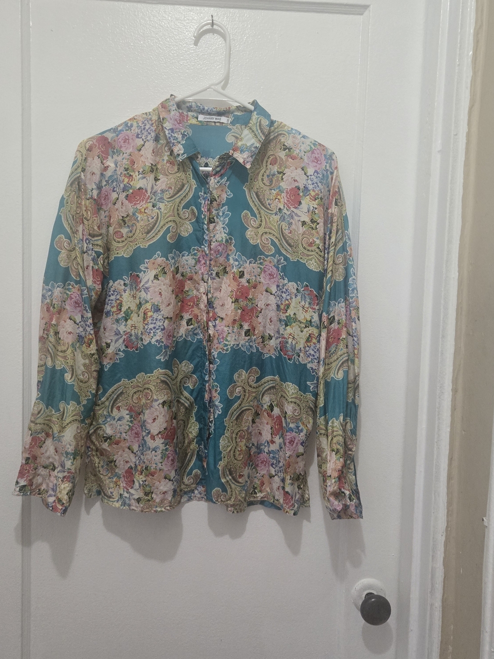 Johnny Was Teal Floral Paisley Button-Down Shirt